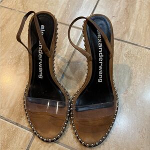 Alexander Wang Brown Leather and Clear Studded Slingback Sandals